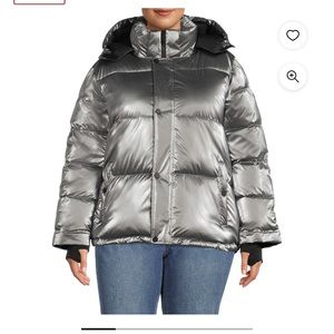 BCBG Paris Women's and Plus Cloud Puffer
Coat with Hood. Metallic silver